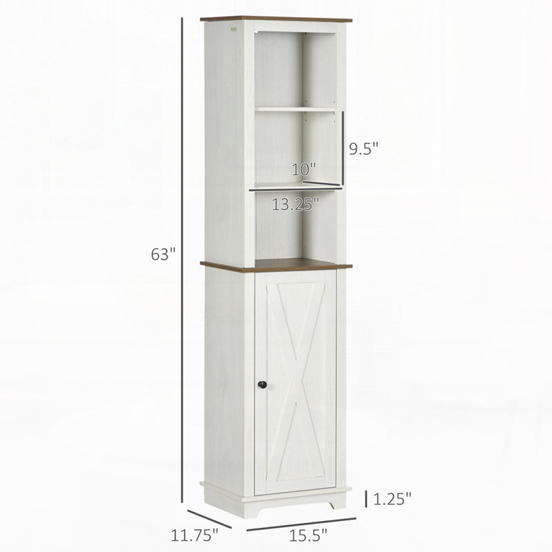 Slim Bathroom Storage Cabinet with Triple Open Shelves, Wooden Freestanding Linen Tower with Door and Shelf