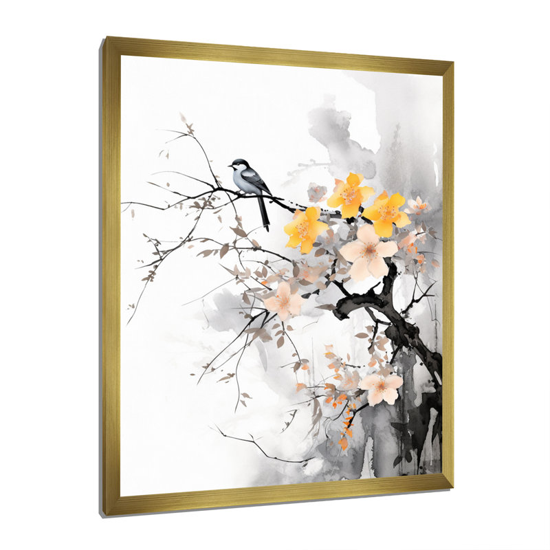 «Asian Art Bat Sumi», art mural encadré Asian Art, Cadre doré à coins fermés, H 40 po x l 30 po x P 1,5 po