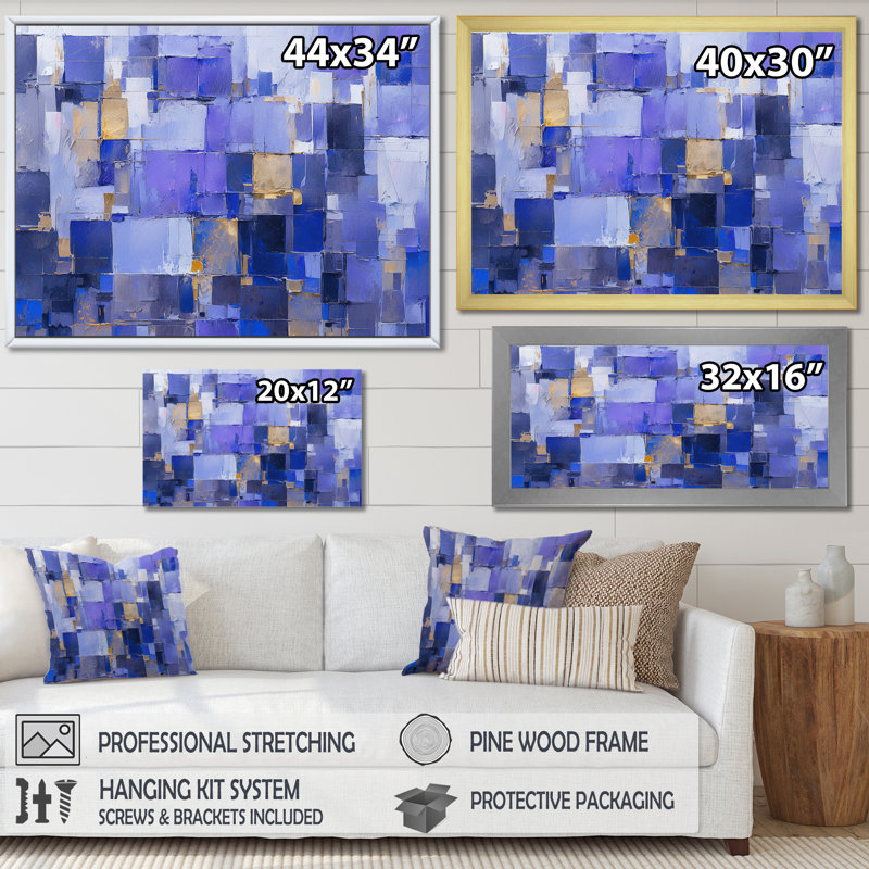 Abstrait contemporain noir, bleu et mauve sur toile, Cadre flottant noir, H 30 po x l 40 po x P 1,5 po