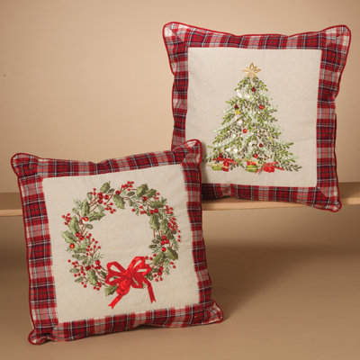 Gerson International Set Of 2 Holiday Wreath And Christmas Tree Throw Pillows