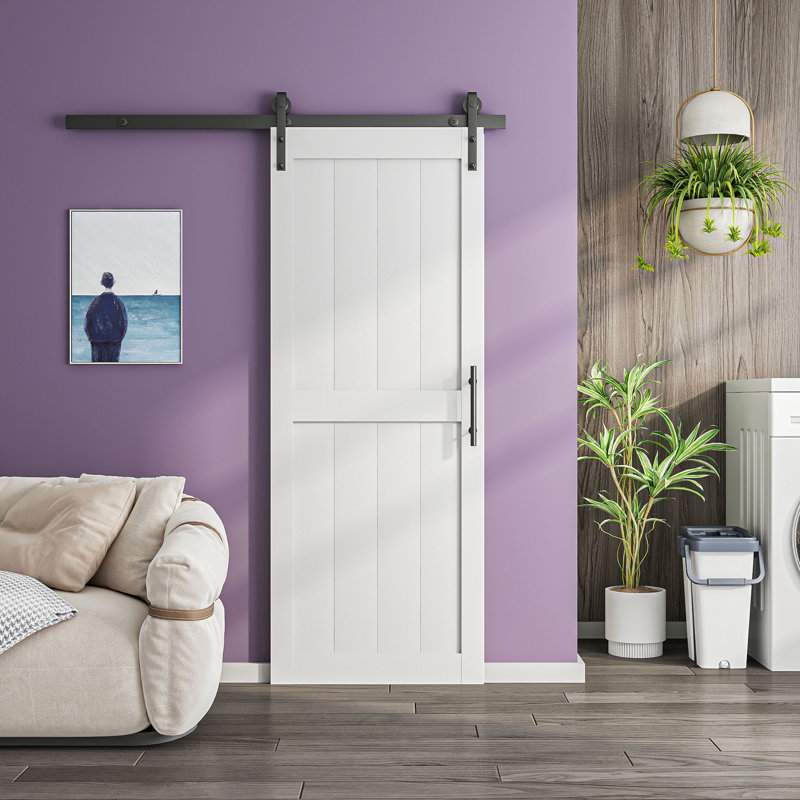 Porte de grange coulissante en panneau de fibres à densité moyenne 24 po x 84 po avec quincaillerie et poignée pour porte coulissante, pré-percé, revêtement en PVC imperméable, cadre en H