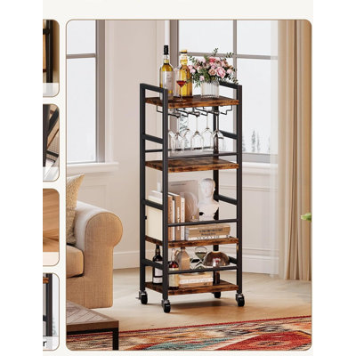 Petit chariot de bar, chariot de service de bar avec tablette à 4 niveaux, tablette de cuisine mobile avec grand rangement et porte-verre, mini chariot de bar pour les petits espaces, cuisine et salle à manger, brun rustique