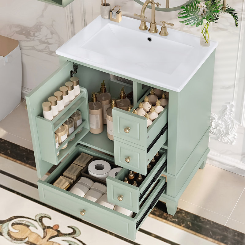 Compact All-in-One Vanity with Integrated Ceramic Sink and Spacious Storage Perfect for Small Bathrooms and Guest Rooms
