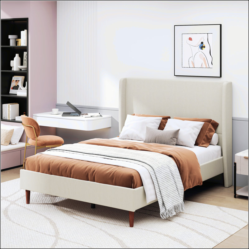Lit moelleux à dossier haut, tête de lit tapissier, support à 12 lattes, Beige, Grand
