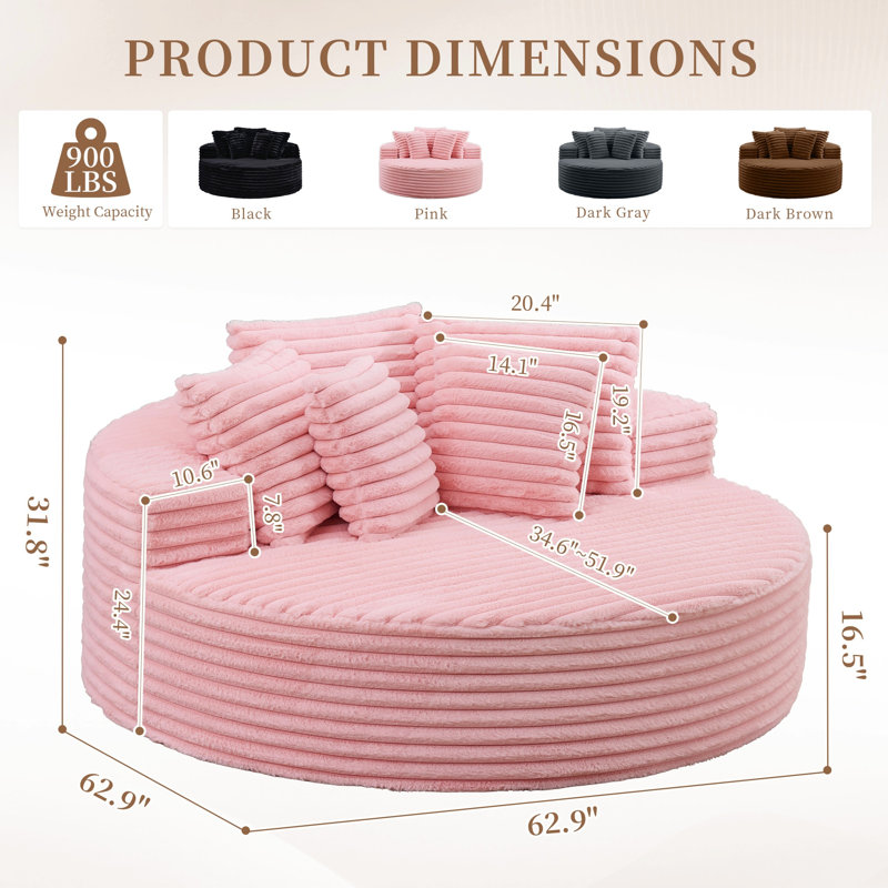 Chaise longue 62,5 po en velours côtelé rose, sans assemblage, siège profond et confort semblable à un nuage, Rose
