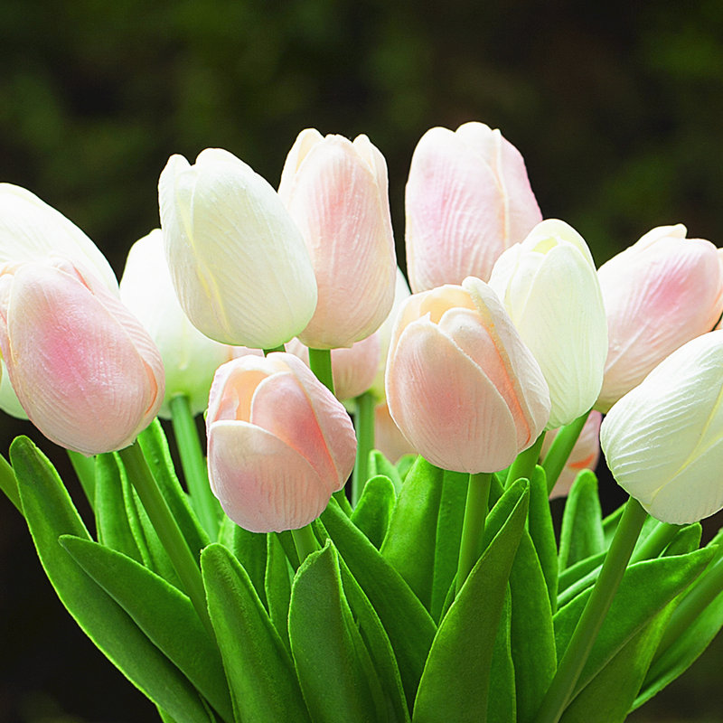 Silk Tulip Arrangement in Vase, White Pink