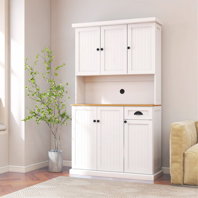 71" Kitchen Pantry Storage Cabinet With Microwave Oven Countertop, Freestanding Hutch Cabinet With Adjustable Shelves, 6 Doors And 1 Drawer-White