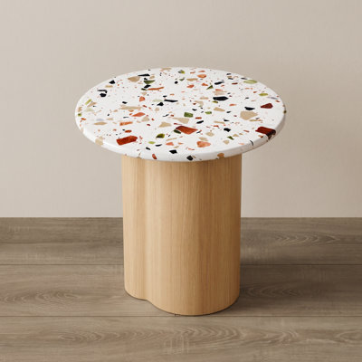 Gemstone 18" Modern Terrazzo Side Table with Natural Oak Base, Speckled Stone End Table and Nightstand for Bedside, Sofa Side, or Reading Nook