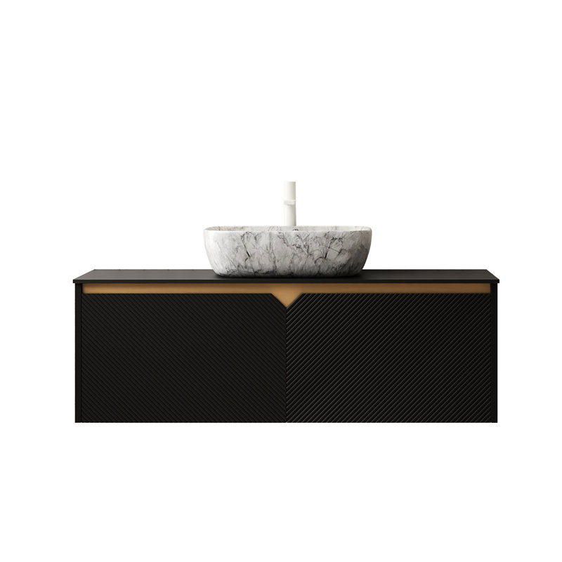 Rangement pour meuble-lavabo et lavabo 48 po, solution de rangement flottante, vasque en céramique à motif marbré, plateau en pierre frittée noire, unité de portes en bois massif à sergé-symétrie, comptoir,