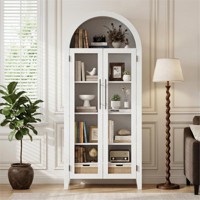 63'' Tall Arched Bookcase with 2 Large Glass Doors, Farmhouse 5 Tier Pantry Storage Cabinet with Adjustable Shelf, for Living Room, Dining, Kitchen, White