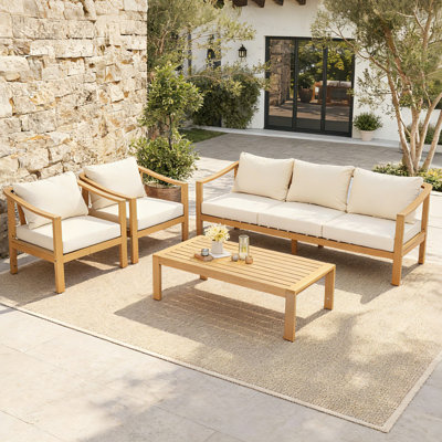 Cordell Modern Coastal Outdoor Acacia Wood Conversation Set With Slatted Tabletop & Cushions