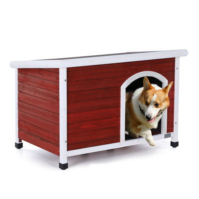 Niche pour chien d'extérieur moyenne en bois avec toit imperméable et plancher surélevé, chenil en bois massif rouge