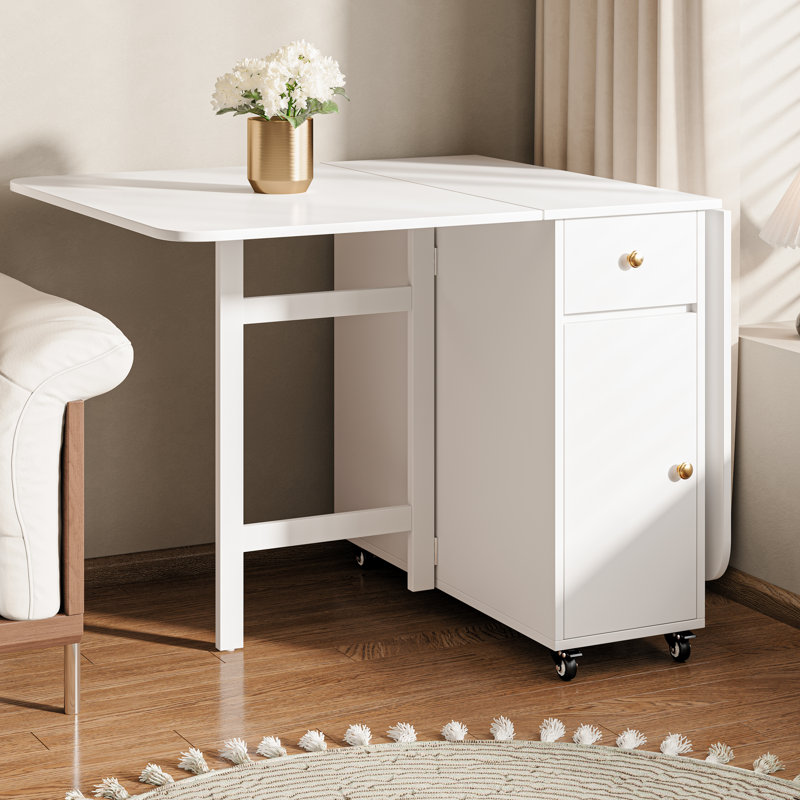Table de salle à manger extensible pour 2 à 6 personnes avec rangement, table de cuisine pliante en bois peu encombrante de 12 po à 59 po de largeur, îlot de cuisine en bois mobile moderne avec roulettes et abattants pour la cuisine et la salle à manger, blanc