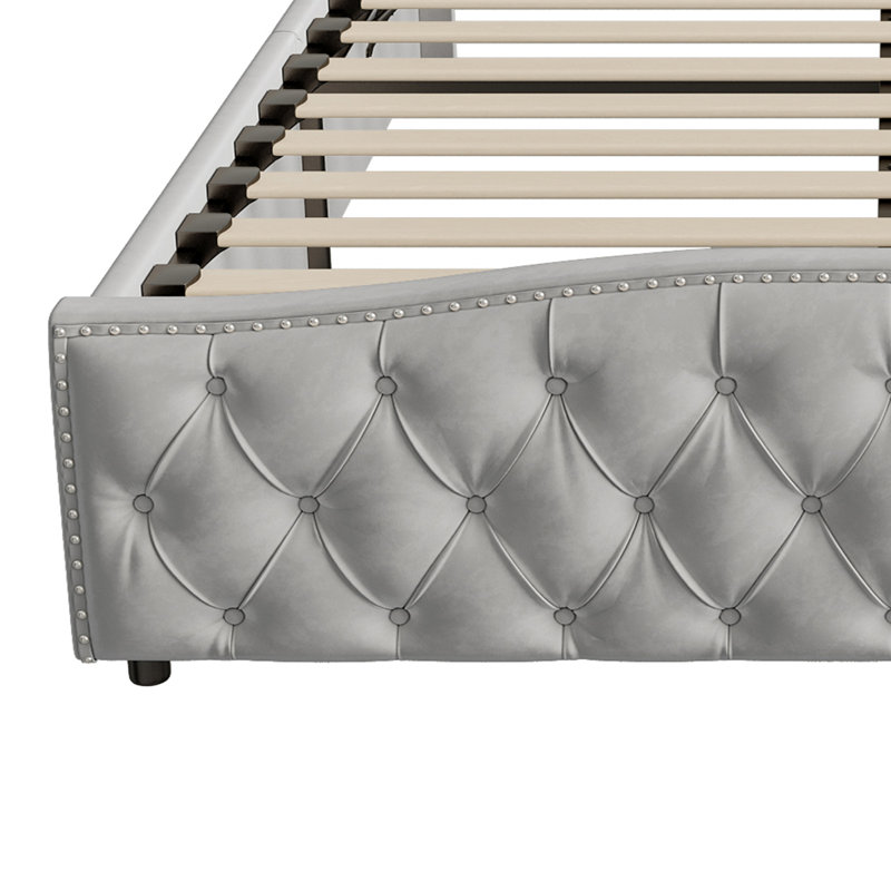 Velvet Ottoman Bed With Tufted Wingback & Nailhead Trim, Storage Bed Frame, European Double & King Size, Grey