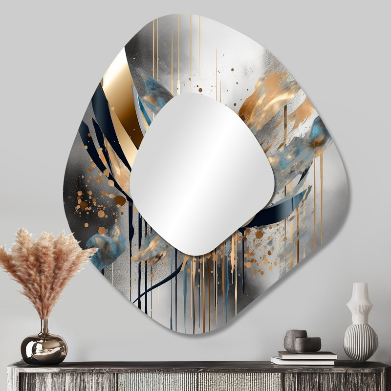 Huntleigh, formes abstraites et lignes infinies II - formes abstraites, miroir mural décoratif de forme irrégulière, grand miroir asymétrique doré, impression sur métal