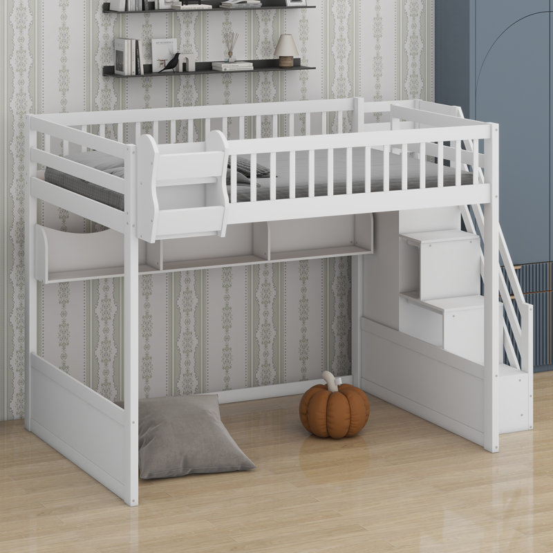Wooden Loft Bed With Staircase And Wardrobe, White