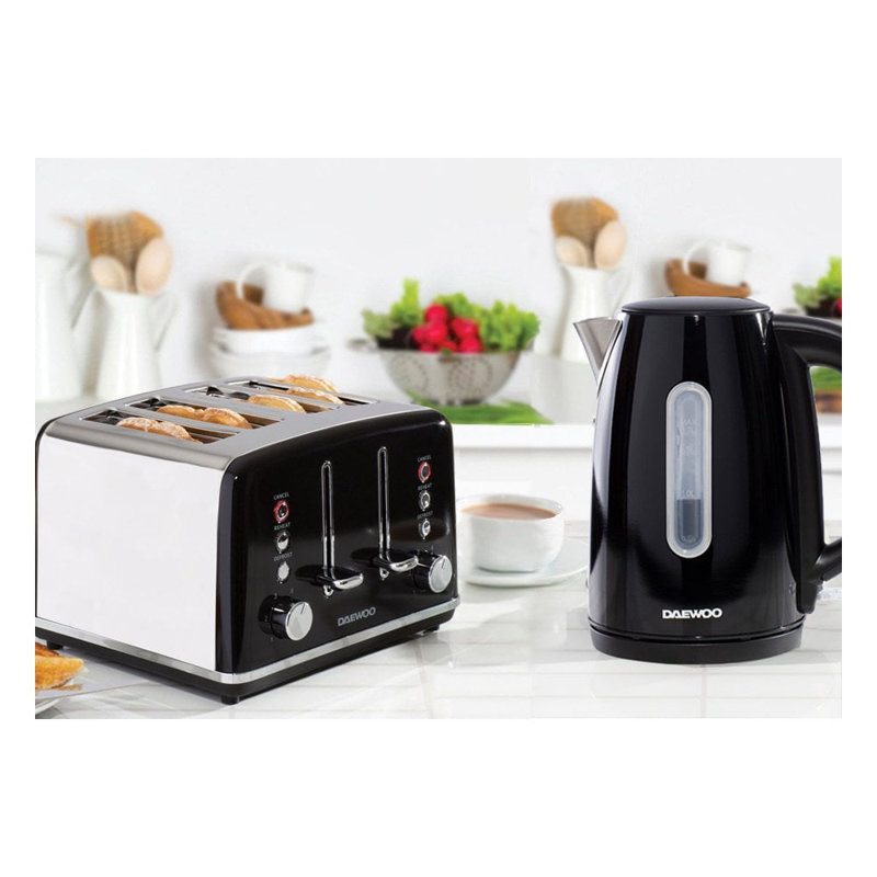 Daewoo Cream Kensington Retro Matching Stainless Steel 4 Slice Toaster And Kettle Set 1.7 Litres Rapid Boil Auto Off, Black