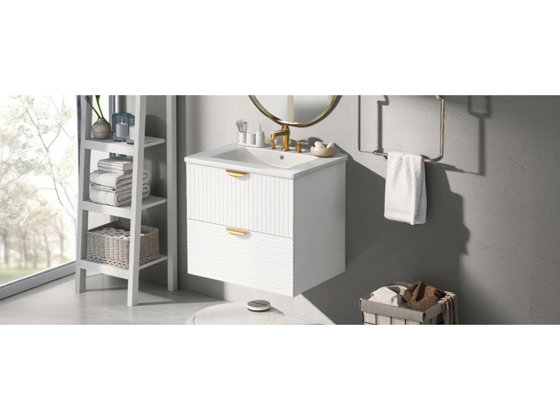 Meuble-lavabo mural moderne de 24 pouces avec 2 tiroirs, blanc - idéal pour les petites salles de bain