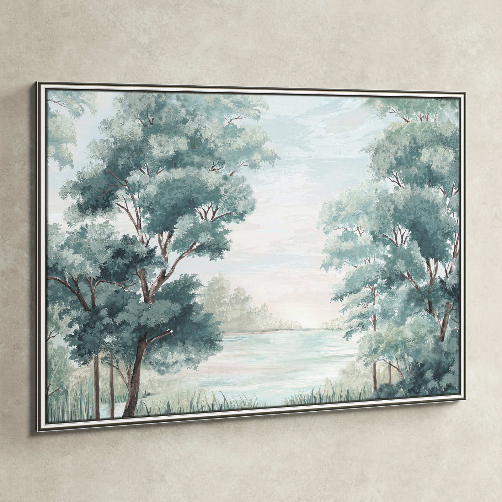 LeeRoy "Calm Forest River" Painting, 30.75" H x 42.75" W x 0.87" D, Silver Framed