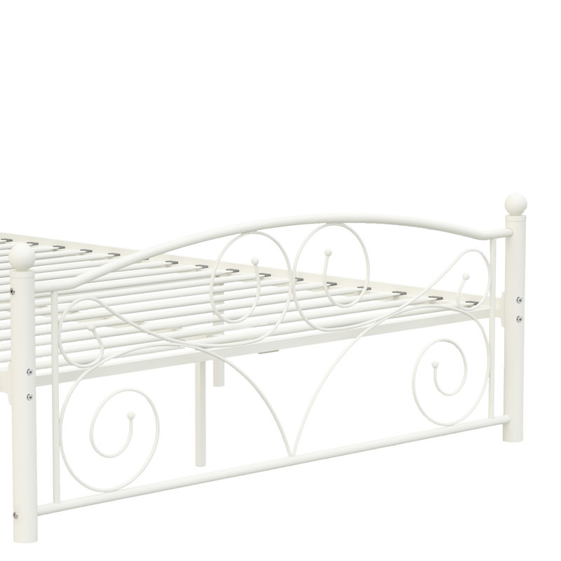 Cadre de lit grand format en métal avec finition blanche, style floral unique, convient aux matelas en mousse à mémoire de forme, limite de 600 lb, tête de lit et cadre d'installation simple, fonction, stable et silencieux -, sans boîte