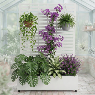 Lit de jardin surélevé en métal avec treillis et écran d'intimité, pot à fleurs en métal galvanisé 71,5 po x 47 po x 16 po avec roues et trous de drainage pour patio