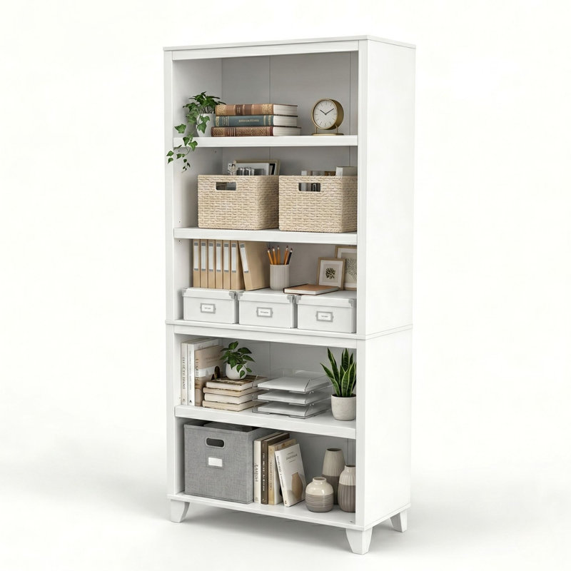64.25”H 5-Tier Bookcase with Raised Legs, White Freestanding Open Shelf Storage & Display for Living Room, Bedroom, or Home Office