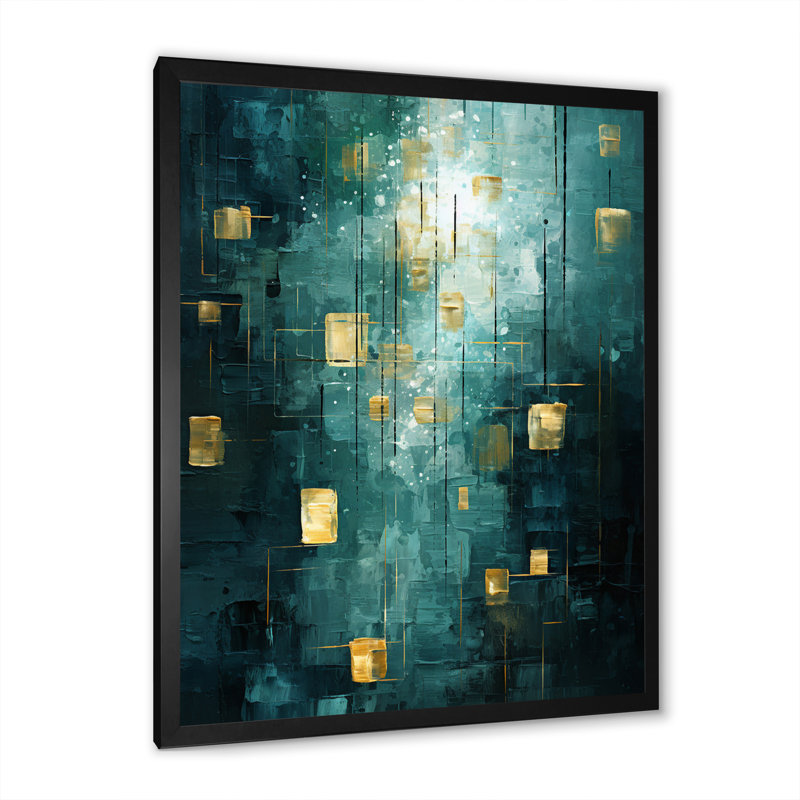 «Sudden Serenity Abstract Turquoise and Gold», reproduction sur toile, Cadre simple noir, H 32 po x l 24 po x P 1 po