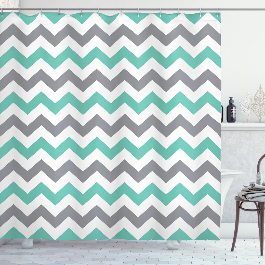 Duschvorhang, Geometrische Wavy Zigzag, Chevron, Seafoam Grau Weiß