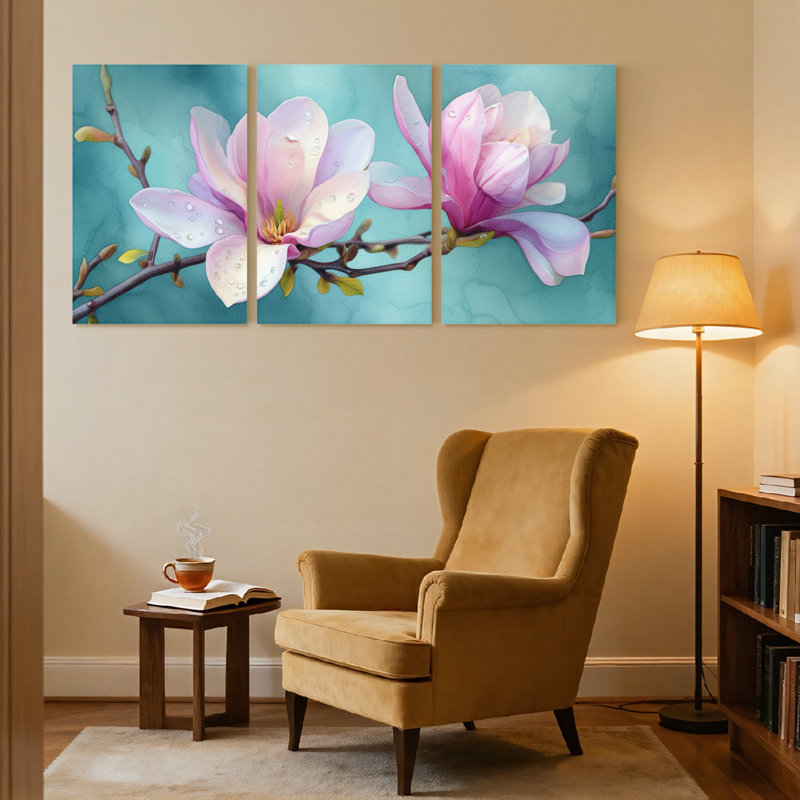 Plantes et fleurs, fleurs de magnolia roses sur fond bleu sarcelle, ensemble de 3 impressions sur toile, H 30 po x l 60 po