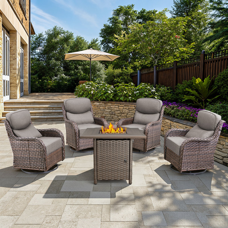 Outdoor Garden Multiple Swivel Rocking Chairs Seating Group With Wicker Fire Pit Table, Brown, Gray