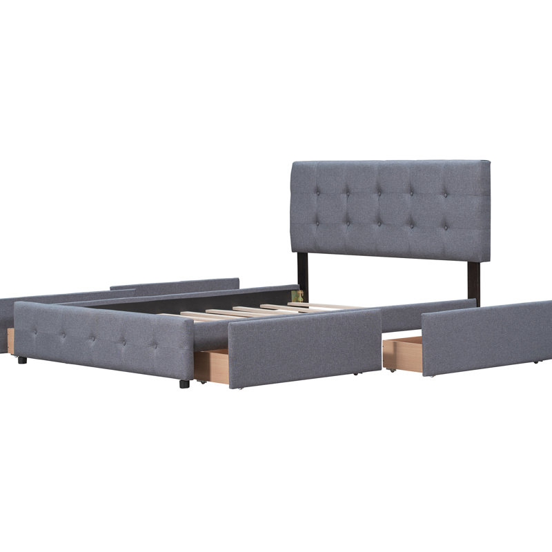 Lit plateforme tapissier avec tête de lit classique et 4 tiroirs, aucun sommier nécessaire, tissu en lin, White