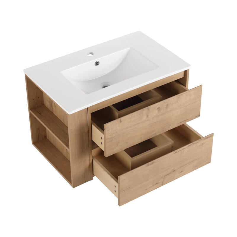 Meuble-lavabo mural 30 po avec lavabo, Imitation chêne