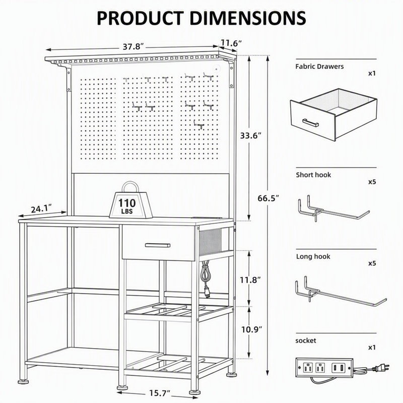 Support pour imprimante 3D robuste avec panneau perforé, lumières DEL, rangement de tiroir et multiprise intégrée