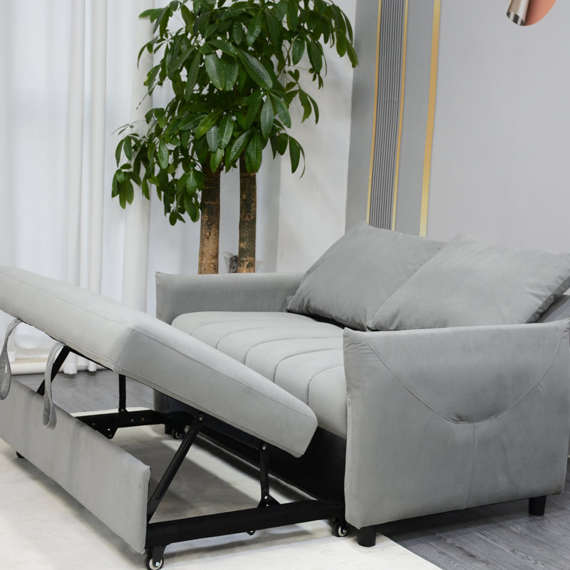 Lit convertible à dossier réglable, revêtement en velours, 2 poches latérales et coussins, gris pour espace de vie, canapé-lit, tissu, espace, manoir
