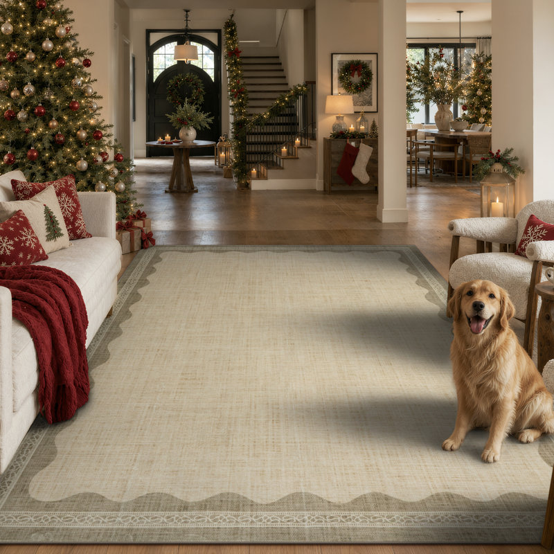 Tapis d'intérieur taupe vintage à bordure ondulée, lavable et antidérapant, idéal pour le salon, la chambre ou le bureau.
