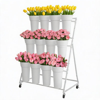 3-Tier Plant Shelf Flower Cart Display Stand with 12 Buckets & Wheels for Terrace Gardens Wedding Events