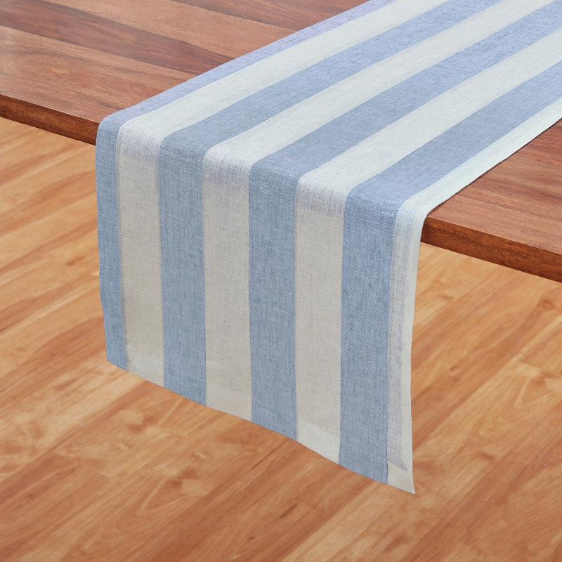 Cabana Stripe - 100% Pure Linen Table Runner, 132" x 14", Sky Blue/White