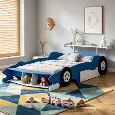 Race Car-Shaped Platform Bed with Wheels