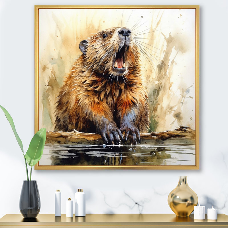 «Cute Beaver II», reproduction d'art sur toile, H 36 po x l 36 po x P 1,5 po, Cadre flottant doré