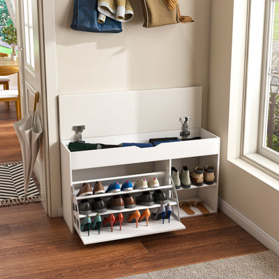 31.5" Shoe Storage Bench, White Entryway Organizer with Cushion Seat, Flip Shoe Rack & Hidden Storage