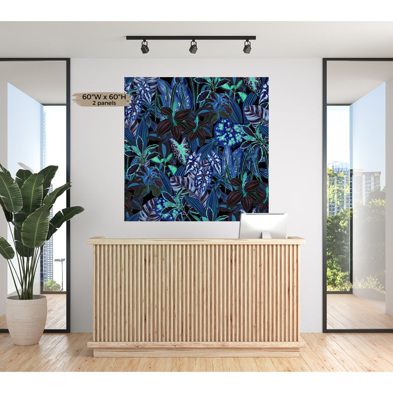 Adhésif mural botanique pelez et collez Odion - Jardin bleu nuit, L 120 po x l 180 po