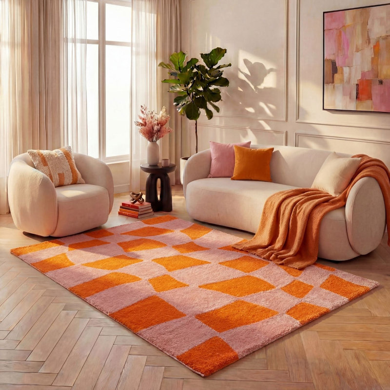 Joli Chequered Area Rug Soft Dense Pile for Living Rooms and Bedrooms, Rectangle 200 x 290 cm, Orange/Pink