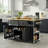 Black Rolling Kitchen Island Trolley With 5 Wheels For Flexible Movement, Folding Table, Built-In Socket, Storage Shelves, And 5 Open Side Shelves.