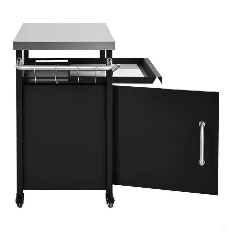 39.5" Outdoor Grill Cart With Storage Cabinet, Outdoor Bar Cart Pizza Oven Table With Wheels, Stainless Steel Top, Outdoor Kitchen Island With Spice & Paper Rack For BBQ, Waterproof Cover Included