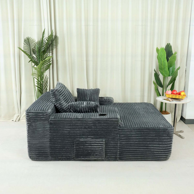 Méridienne convertible moelleuse avec accoudoirs larges, coussins décoratifs et porte-gobelet, canapé-lit douillet pour le salon et la chambre à coucher, sans assemblage requis, gris