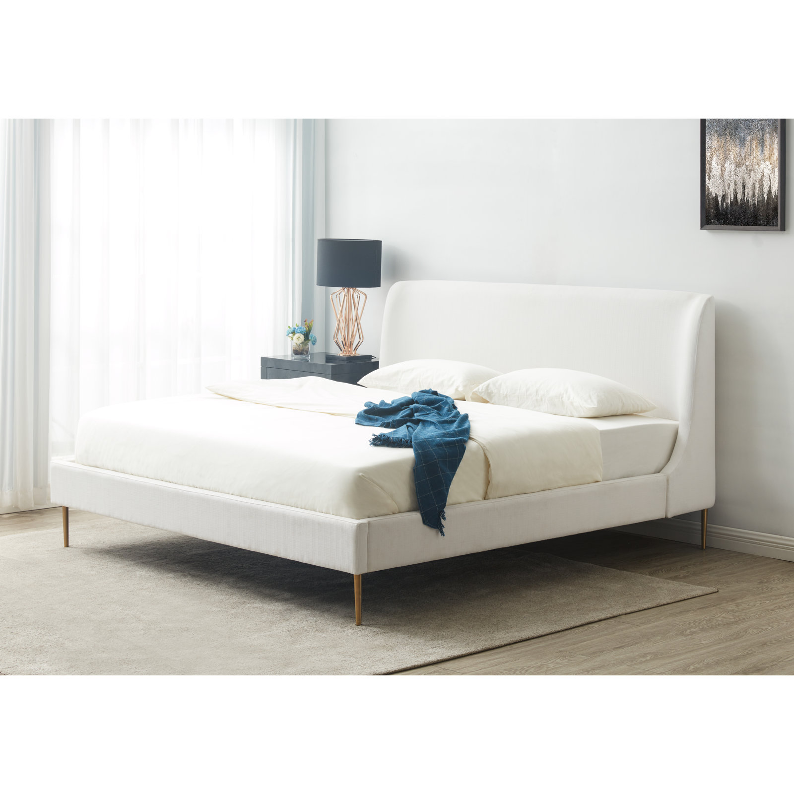 Venedy Linen Wingback Bed, Queen, White