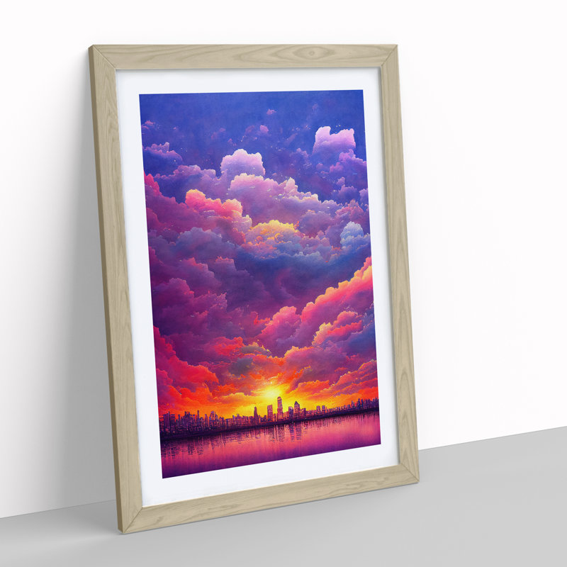 Watercolour City Skyline Clouds No.4 - Single Picture Frame Painting, 46cm H x 34cm W x 2cm D, Oak Framed