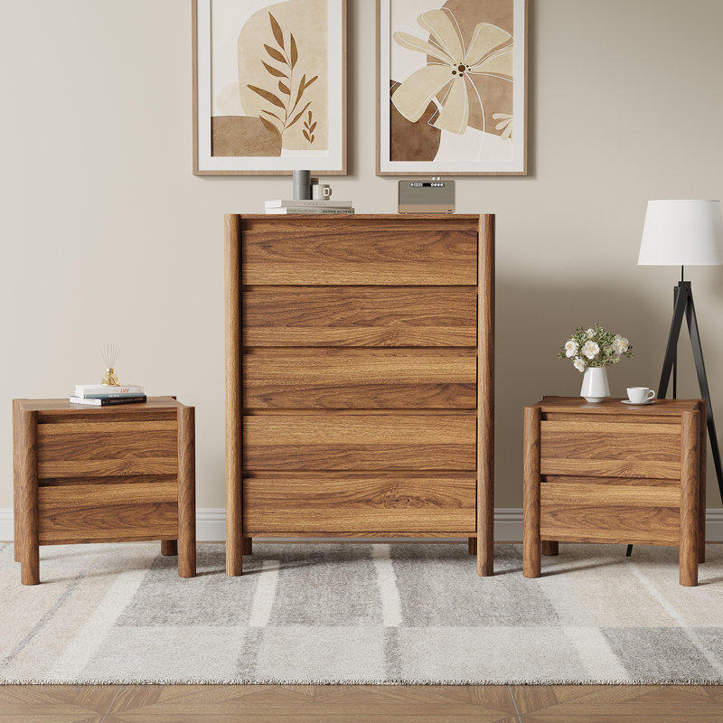 Ensemble de chambre à coucher 3 pièces, commode 5 tiroirs et 2 tables de chevet, brun