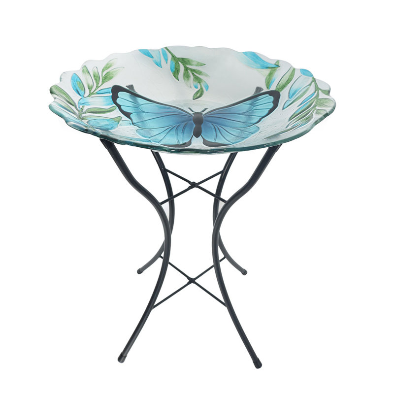 Bain d'oiseaux en verre papillon bleu