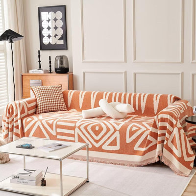 Cooling Oversized Sofa Cover Boho Chenille Couch Cover For 3-4 Cushion Sofa Minimalism Caramel Cream White Triangle Plaid Geometric Jacquard Sofa Slipcover Pet Friendly Dogs Sofa Protector